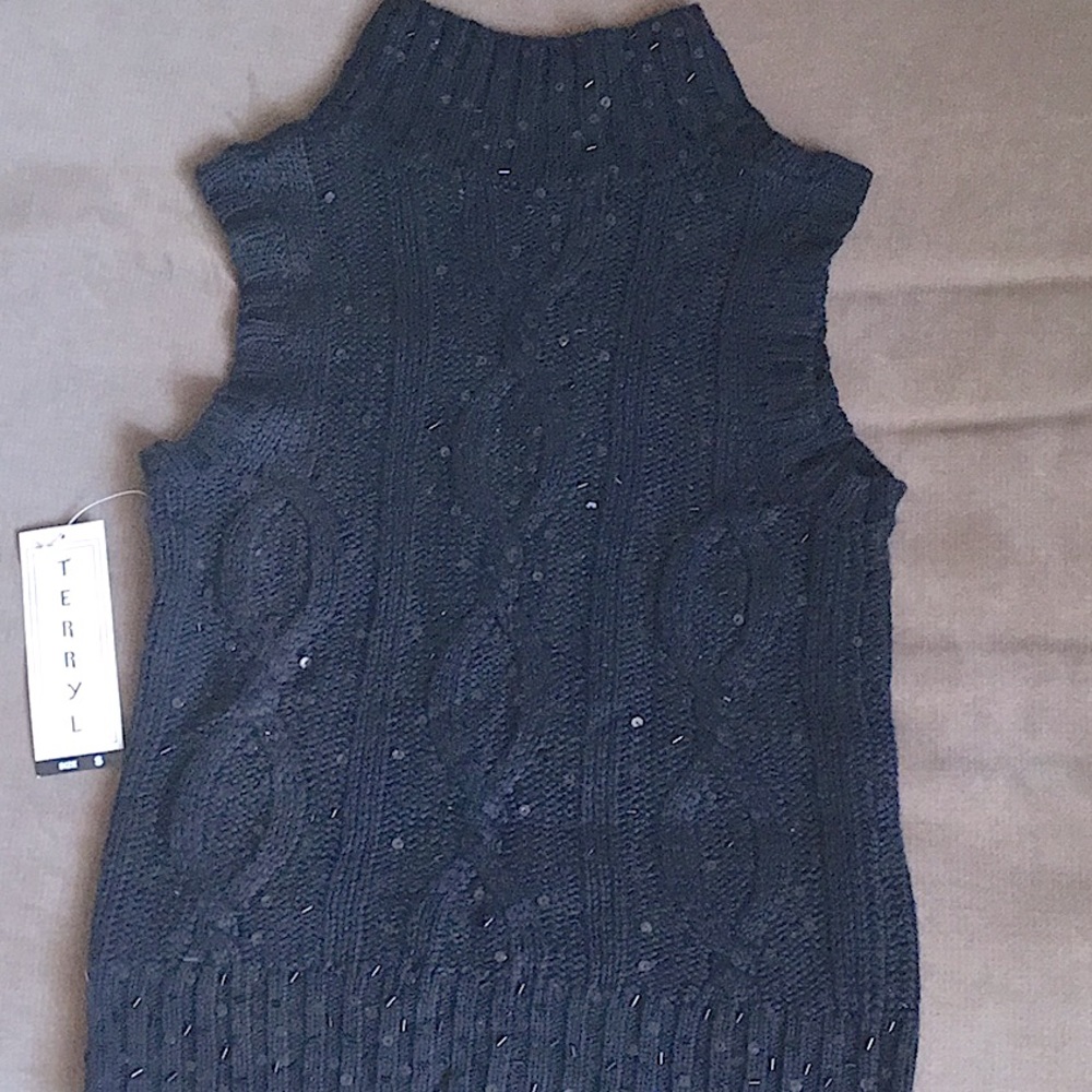 Terryl small black sleeveless mock turtleneck with black on black sequins